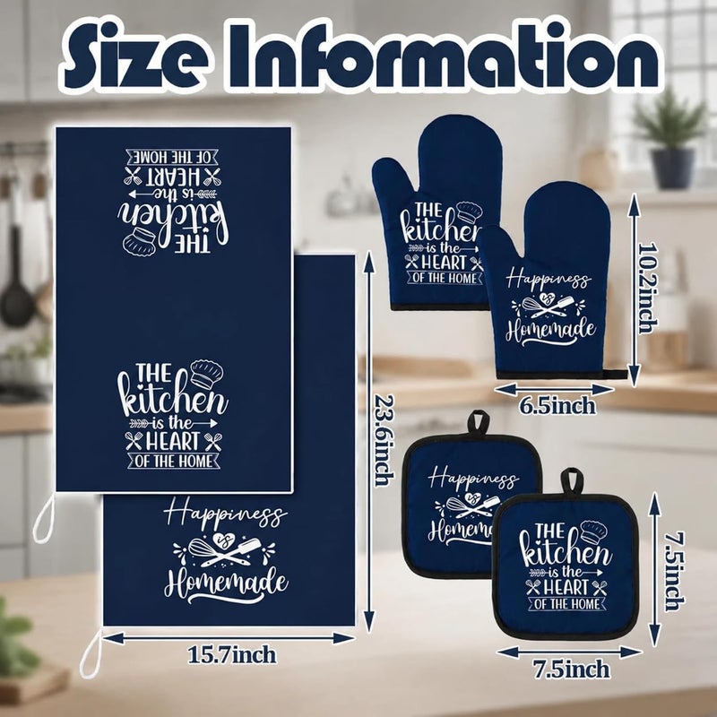 Sratte 6 Pcs Kitchen Decor Accessories Set Farmhouse Towels Pot Holders Oven Mitts Set 2 Dish Towels 2 Potholders 2 Cooking Mittens Oven Glove for Christmas Baking Cooking Supply(Blue,Kitchen) - Image 3