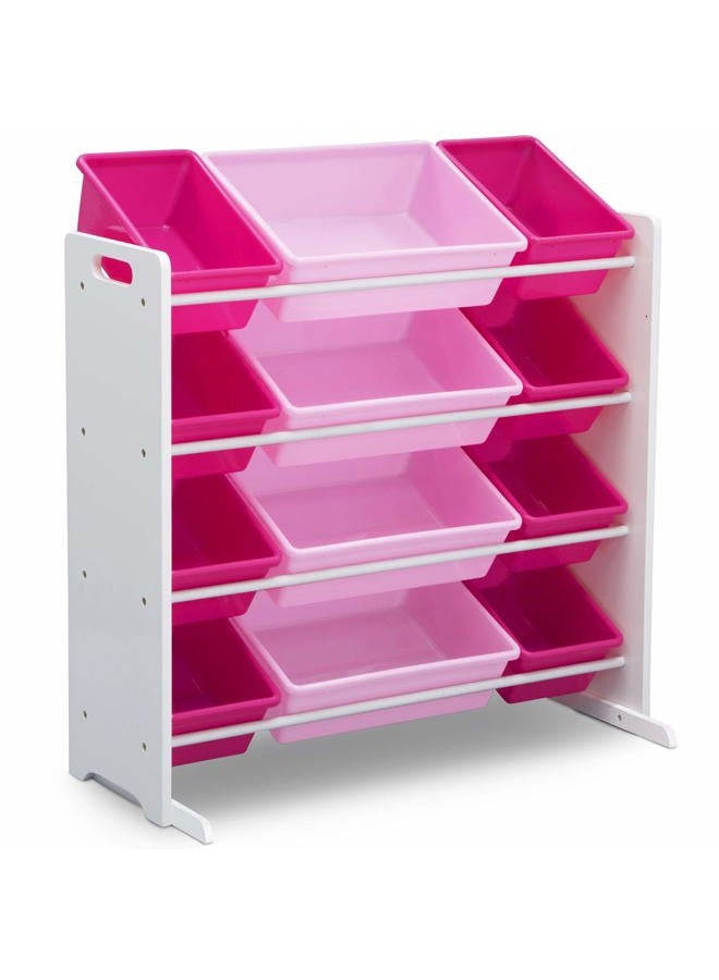 Delta CHILDREN Kids Toy Storage Organizer with 12 Plastic Bins - Greenguard Gold Certified, White/Pink - Image 1