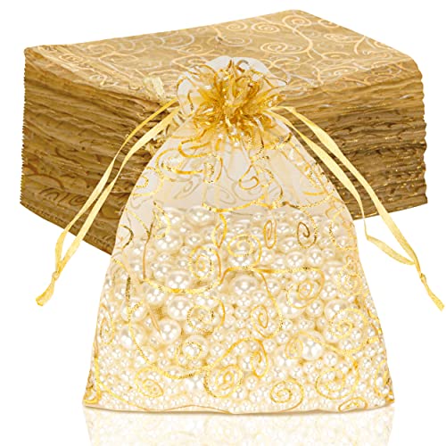 Staruby Organza Gift Bags 100Pcs Gold Sheer Organza Bag 5x7 Inch Mesh Favor Bags Drawstring Jewelry Rattan Printed Gift Pouches for Wedding Party Favors Couple Shower Christmas Gifts Candy Bags - Image 1