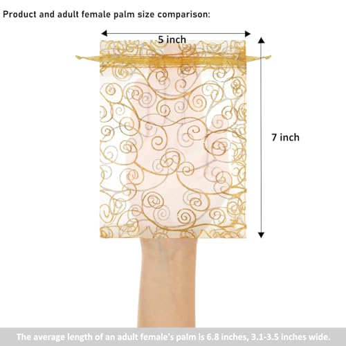 Staruby Organza Gift Bags 100Pcs Gold Sheer Organza Bag 5x7 Inch Mesh Favor Bags Drawstring Jewelry Rattan Printed Gift Pouches for Wedding Party Favors Couple Shower Christmas Gifts Candy Bags - Image 2