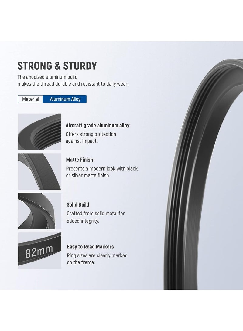 نيوير مجموعة حلقات محول تصاعدية من نيوير (8 قطع) – ألومنيوم مؤكسد عالي الجودة | المقاسات: 49-52مم، 52-55مم، 55-58مم، 58-62مم، 62-67مم، 67-72مم، 72-77مم، 77-82مم – أسود - Image 3