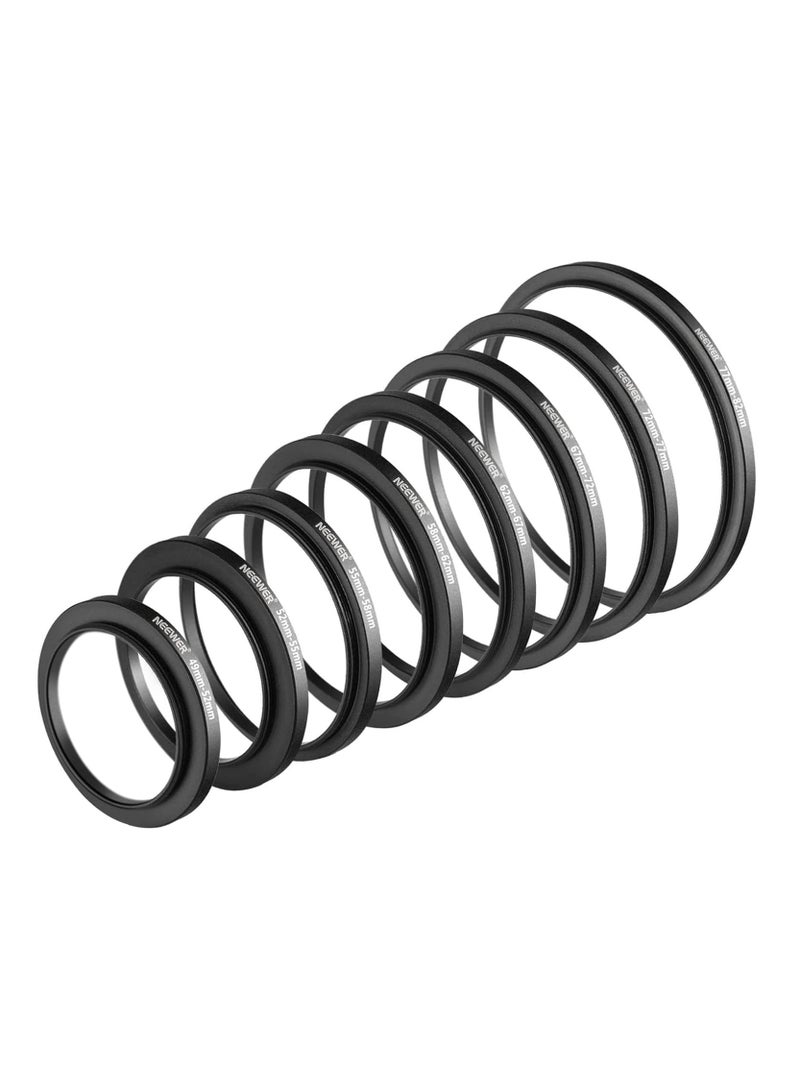 نيوير مجموعة حلقات محول تصاعدية من نيوير (8 قطع) – ألومنيوم مؤكسد عالي الجودة | المقاسات: 49-52مم، 52-55مم، 55-58مم، 58-62مم، 62-67مم، 67-72مم، 72-77مم، 77-82مم – أسود - Image 1