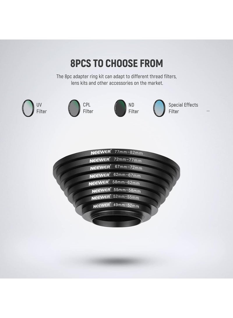 نيوير مجموعة حلقات محول تصاعدية من نيوير (8 قطع) – ألومنيوم مؤكسد عالي الجودة | المقاسات: 49-52مم، 52-55مم، 55-58مم، 58-62مم، 62-67مم، 67-72مم، 72-77مم، 77-82مم – أسود - Image 2