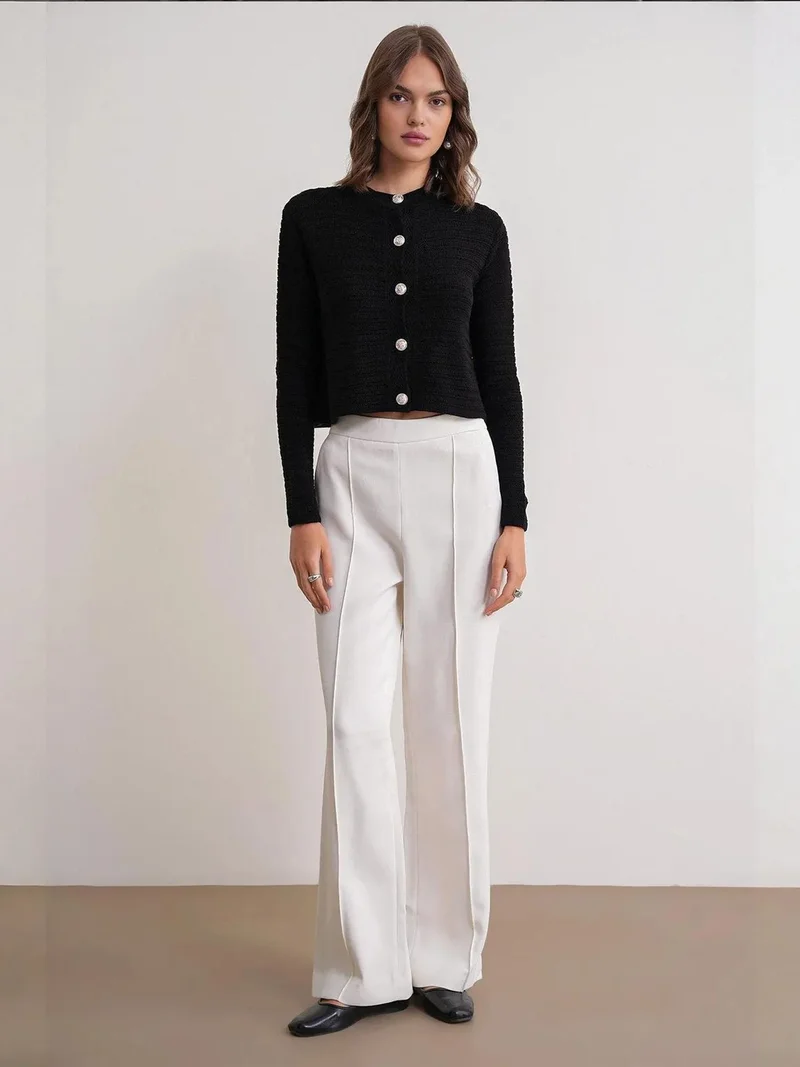 MixRay Mixray Ribbed Knit Crop Cardigan with Button Closure