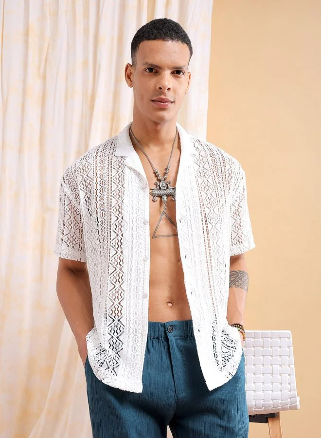 The Indian Garage Co Men Relaxed Fit Solid Half Sleeves Cuban Collar Resort Wear Shirt