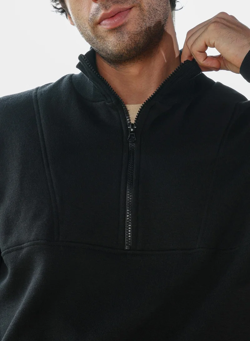 Campus Sutra Black Men's Onyx Black Panel-Stitch Knit Sweatshirt for Men | Best Price UAE