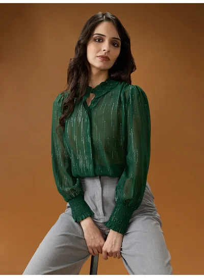 globus Women Green Frilled Neck Bishop Sleeves Sequinned detail Georgette Shirt Style Top