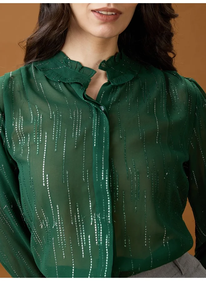 globus Women Green Frilled Neck Bishop Sleeves Sequinned detail Georgette Shirt Style Top