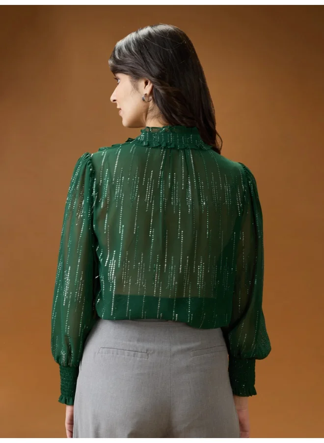 globus Women Green Frilled Neck Bishop Sleeves Sequinned detail Georgette Shirt Style Top