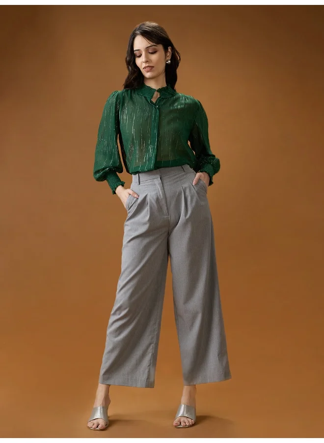 globus Women Green Frilled Neck Bishop Sleeves Sequinned detail Georgette Shirt Style Top