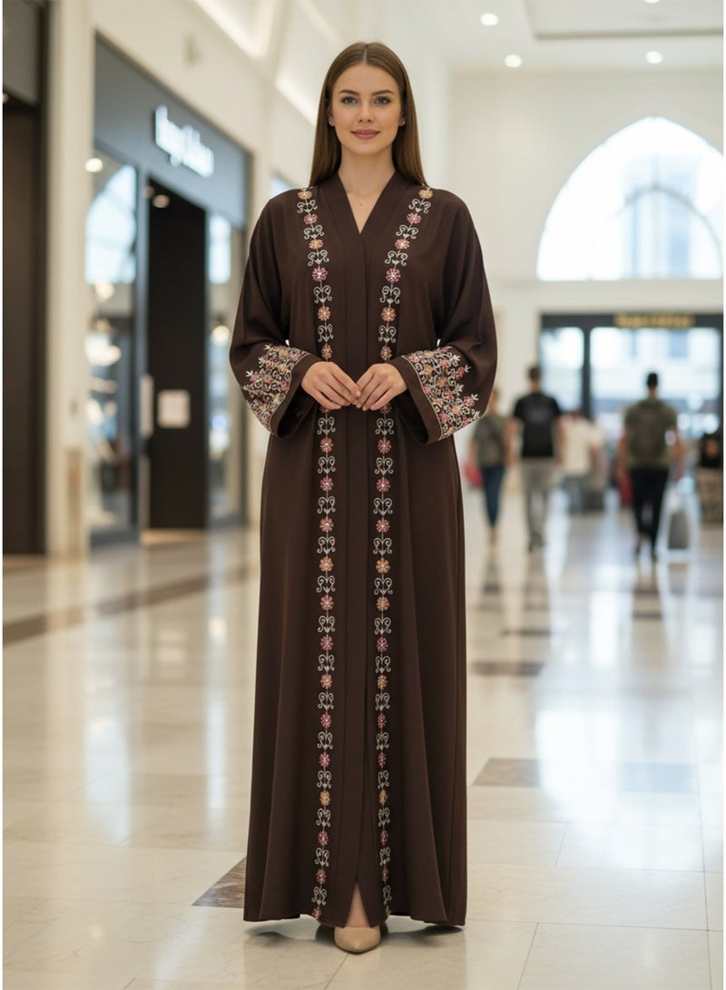 عباية نسائية أنيقة مفتوحة من الأمام مطرزة بالورود مع حجاب متناسق، عباية بنية فاخرة مطرزة بتطريز معقد ووشاح، فستان عربي محتشم تقليدي طويل بنقشة الزهور والكرمة - Image 1