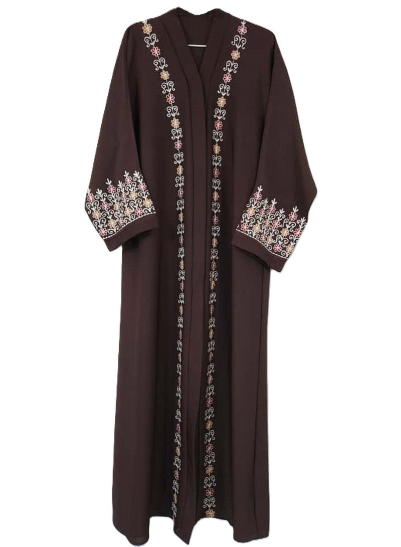 عباية نسائية أنيقة مفتوحة من الأمام مطرزة بالورود مع حجاب متناسق، عباية بنية فاخرة مطرزة بتطريز معقد ووشاح، فستان عربي محتشم تقليدي طويل بنقشة الزهور والكرمة - Image 2