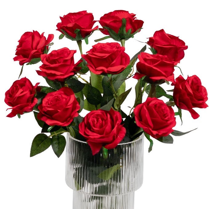 12PCS ROSES ARTIFICIAL FLOWERS FAKE SILK ROSE FLOWERS REALISTIC SINGLE STEM FLOWER BOUQUET FOR WEDDING PARTY OFFICE HOME DECOR RED