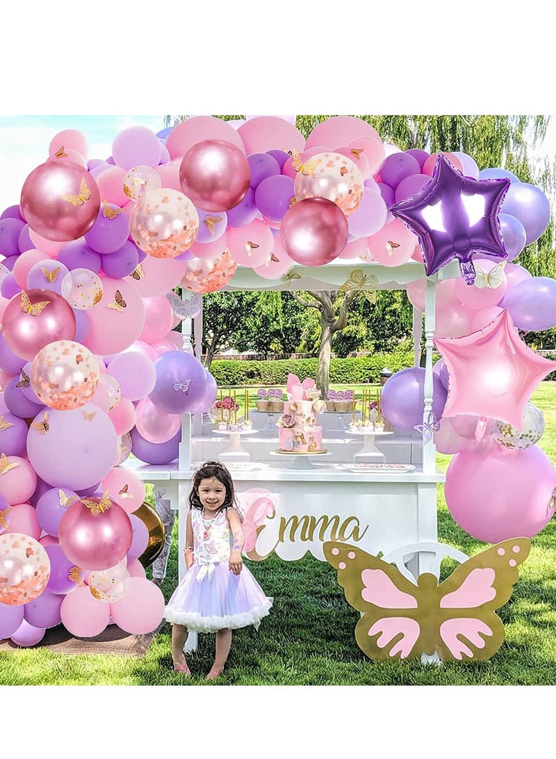 Excefore 126 Pcs Butterfly Pink and Purple Balloon Garland Kit, Theme Arch with Gold Star Foil Balloons - Image 2