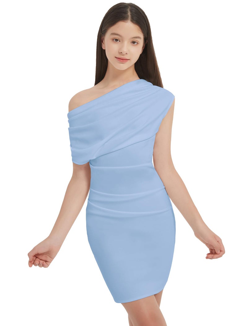 EXARUS Girls Bodycon Dress Pre Teen Ruched Evening Party Homecoming Formal Dresses Tween Mini Stretch Cowl Neck One Shoulder Short Tight Fitted Pencil Sky Blue 12Y - Image 1