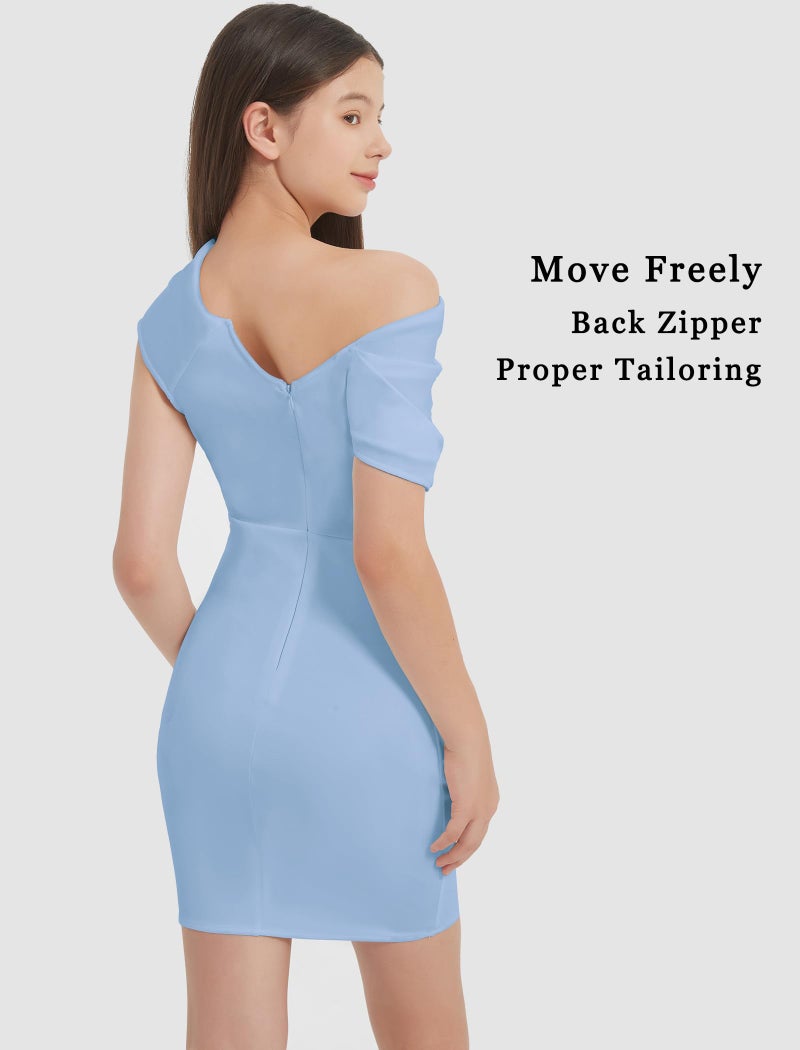 EXARUS Girls Bodycon Dress Pre Teen Ruched Evening Party Homecoming Formal Dresses Tween Mini Stretch Cowl Neck One Shoulder Short Tight Fitted Pencil Sky Blue 12Y - Image 5
