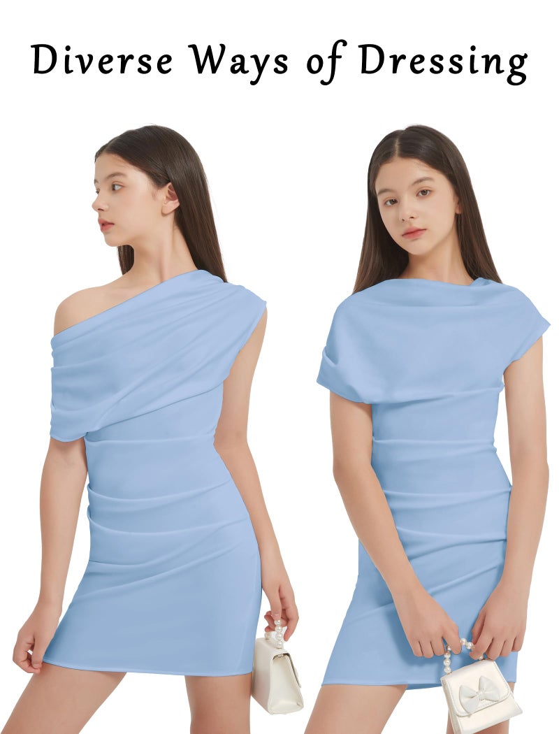 EXARUS Girls Bodycon Dress Pre Teen Ruched Evening Party Homecoming Formal Dresses Tween Mini Stretch Cowl Neck One Shoulder Short Tight Fitted Pencil Sky Blue 12Y - Image 4
