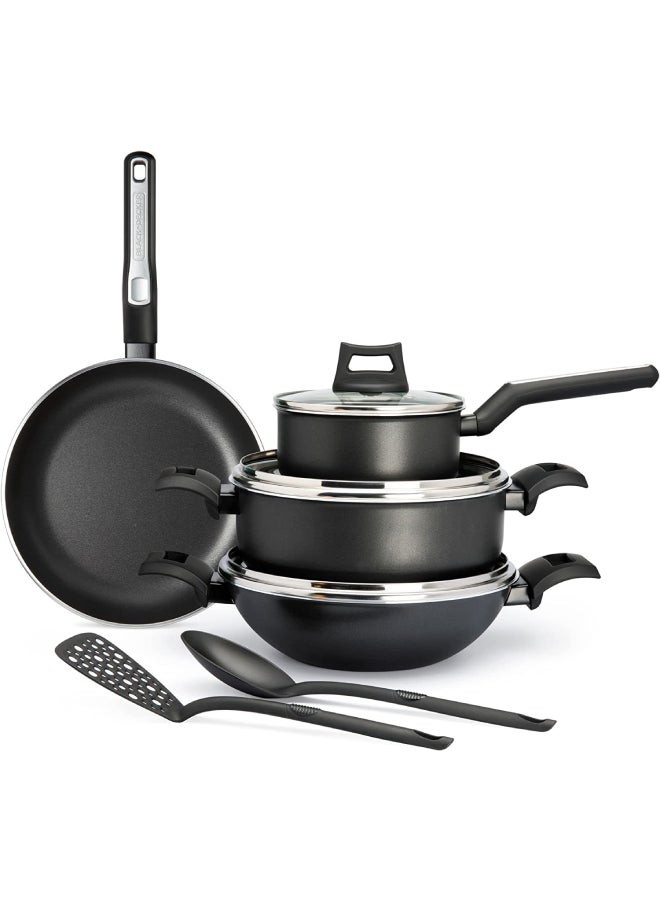 BLACK+DECKER 9-Piece Non-Stick Cookware Set (Fry Pan, Casserole, Saucepan, Kadai, 3 Lids & 2 Spatulas) with 5 Layer PTFE Non-Stick Spray Coating BXSGS09BME Black 4.7kg - Image 1