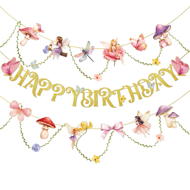 Paper Jazz Fairy Birthday Banner with Butterfly Fairy Party Decorations Mushroom Decor Fabric Vines Paper Garlands Decorations for Birthday,Garden Tea Party,Baby Shower. - Image 1