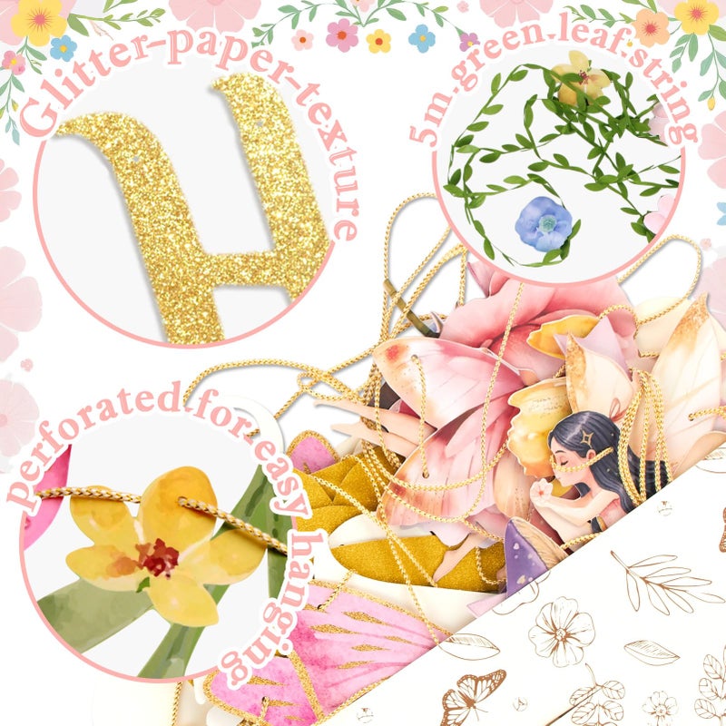 Paper Jazz Fairy Birthday Banner with Butterfly Fairy Party Decorations Mushroom Decor Fabric Vines Paper Garlands Decorations for Birthday,Garden Tea Party,Baby Shower. - Image 3
