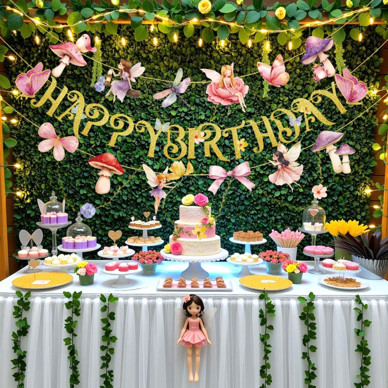 Paper Jazz Fairy Birthday Banner with Butterfly Fairy Party Decorations Mushroom Decor Fabric Vines Paper Garlands Decorations for Birthday,Garden Tea Party,Baby Shower. - Image 5