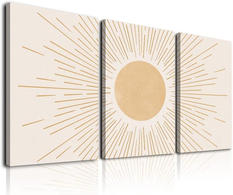 KBKBART Boho Sun Wall Art Set of 3, Framed Canvas Yellow Rising Geometric Nature Illustrations Line Wall, Mid-Century Modern Prints Decor for Living Room, Bedroom, Bathroom - Image 4