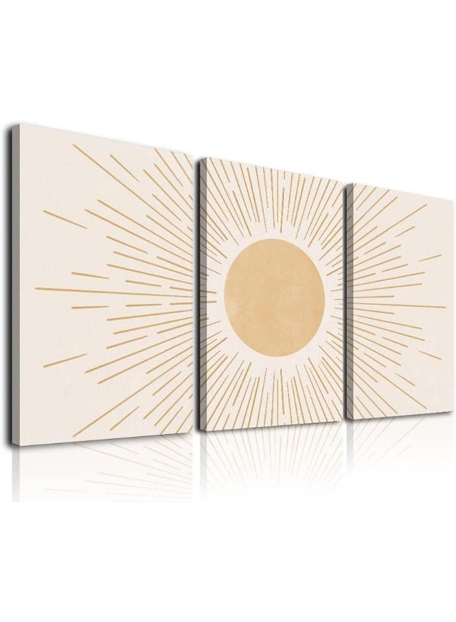 KBKBART Boho Sun Wall Art Set of 3, Framed Canvas Yellow Rising Geometric Nature Illustrations Line Wall, Mid-Century Modern Prints Decor for Living Room, Bedroom, Bathroom - Image 2
