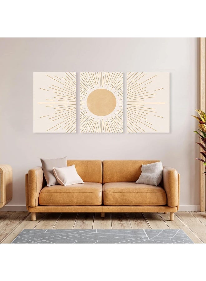 KBKBART Boho Sun Wall Art Set of 3, Framed Canvas Yellow Rising Geometric Nature Illustrations Line Wall, Mid-Century Modern Prints Decor for Living Room, Bedroom, Bathroom - Image 3