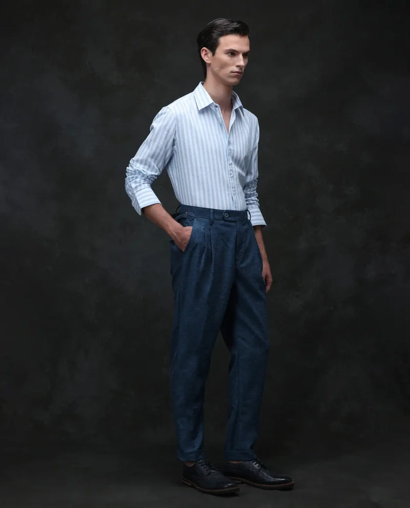 Rare Rabbit Rare Rabbit Men Rhesa Dark Teal Linen Blend Pleated Button Closure Relaxed Fit Plain Trouser