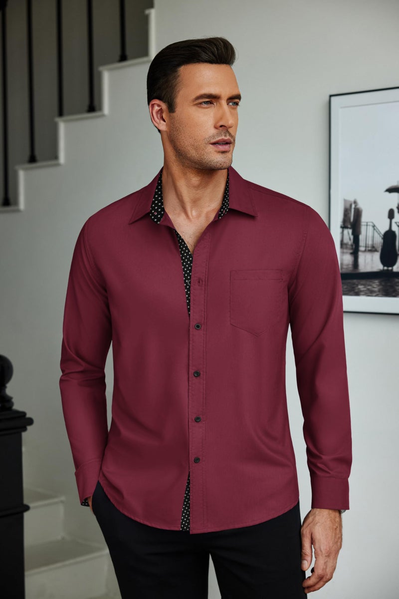 COOFANDY Mens Dress Shirts Long Sleeve Button Down Shirts Untucked Wrinkle-Free Business Casual Valentines Shirts Wine Red - Image 2