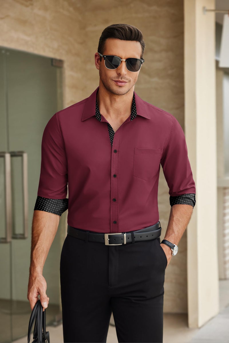 COOFANDY Mens Dress Shirts Long Sleeve Button Down Shirts Untucked Wrinkle-Free Business Casual Valentines Shirts Wine Red - Image 3
