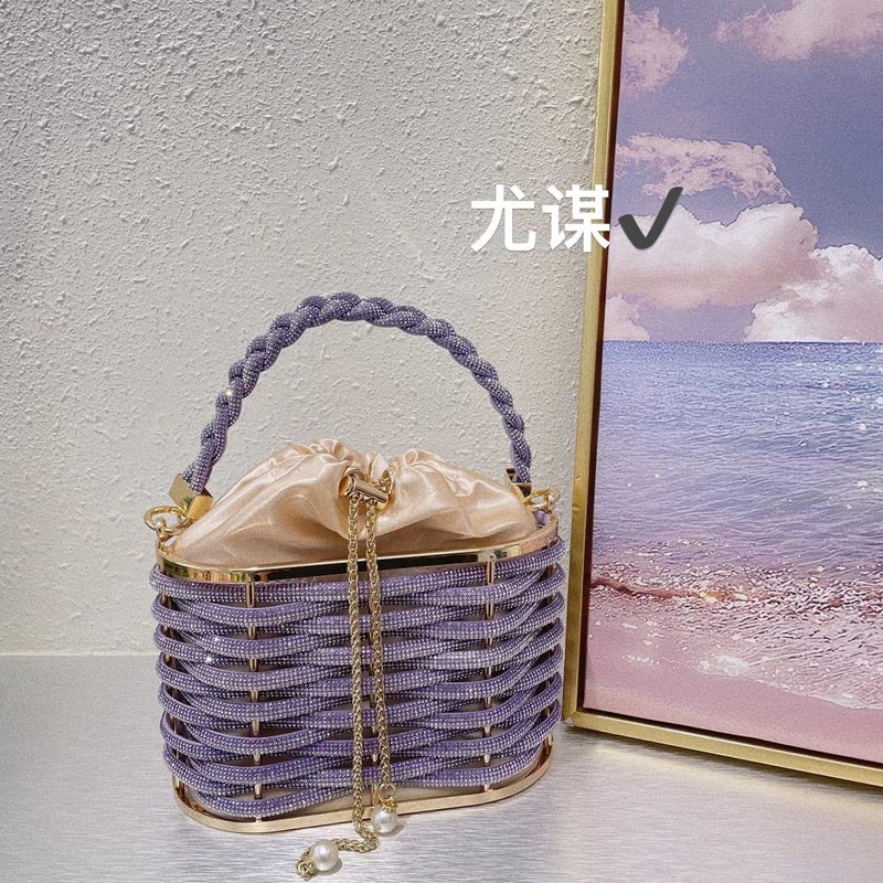 Metal Hollow Shiny Colorful Rhinestone Vegetable Basket Bird Cage Bag Banquet Diamond Bucket Bag Clutch Messenger Bag - Image 1