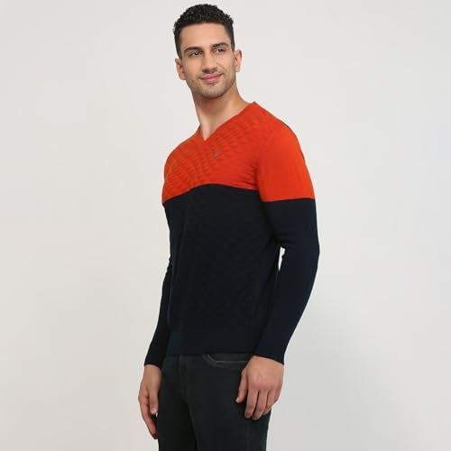 Raymond Men Regular Fit Structure Pattern Pure Acrylic Full Sleeve V Neck Sweater (Size: 42)-RMWX01469 Dark Orange - Image 2