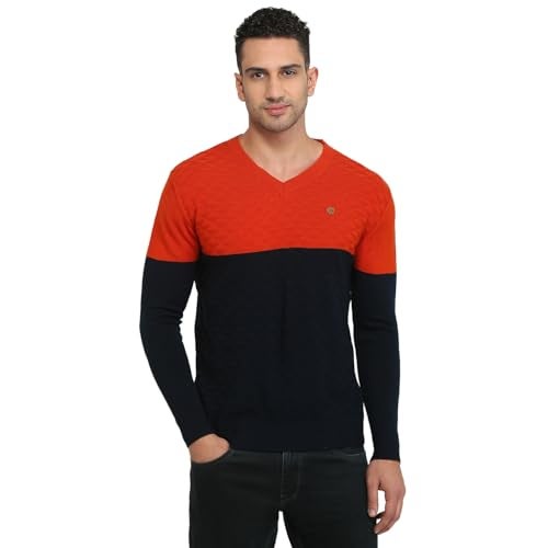 Raymond Men Regular Fit Structure Pattern Pure Acrylic Full Sleeve V Neck Sweater (Size: 42)-RMWX01469 Dark Orange - Image 1
