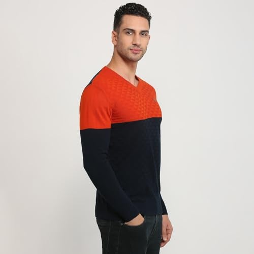 Raymond Men Regular Fit Structure Pattern Pure Acrylic Full Sleeve V Neck Sweater (Size: 42)-RMWX01469 Dark Orange - Image 3