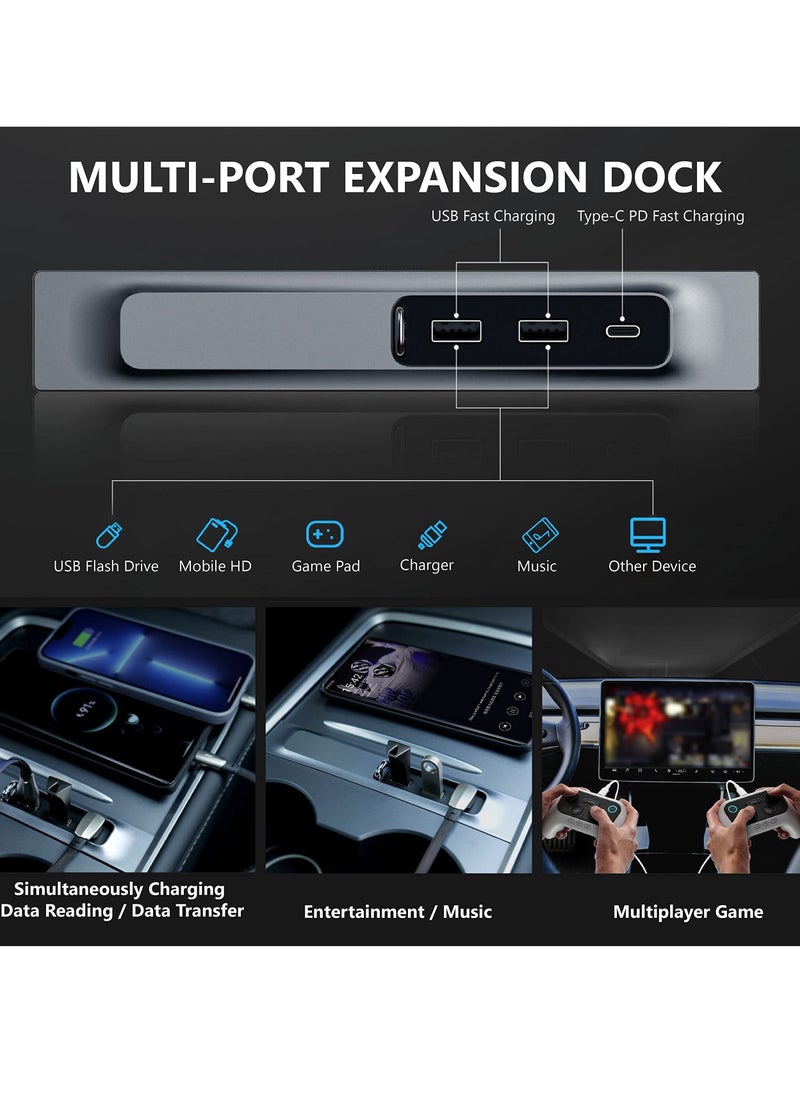 SYOSI - USB C Docking Station for Tesla Model Y / 3 Center Console Smart LED Multiport HUB Charger Adapter Splitter Extension Accessories with Sliding Cap, PD Fast Charge Port - Image 1