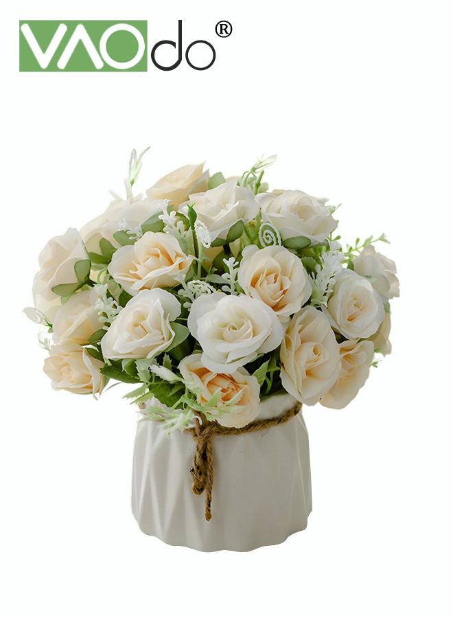 VAOdo Mini Artificial Hydrangea Bouquet with Small Ceramic Vase Variety Flower Balls Flowers Decoration for Table Home Party Office Wedding White - Image 1