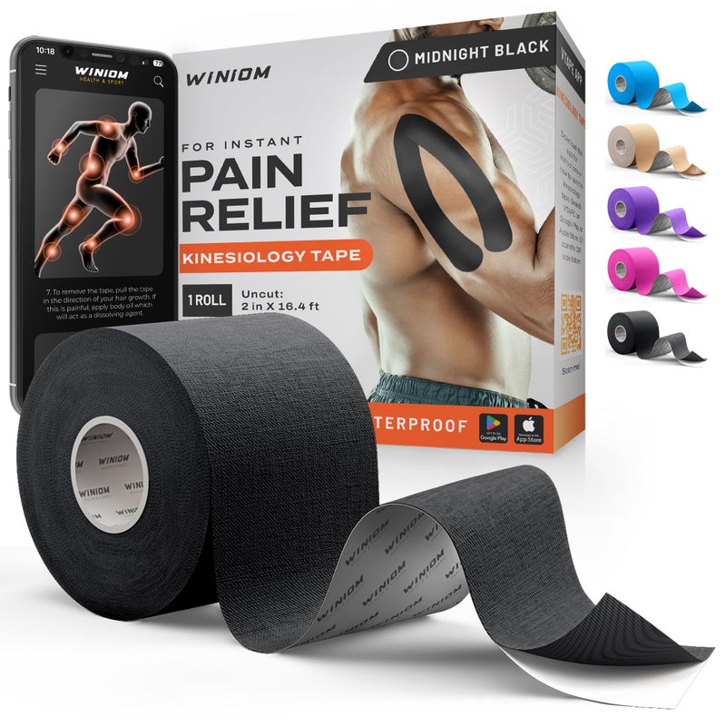 WINIOM Kinesiology Tape-Incredible Support for Athletic Sports and Recovery+Free Taping Guide-Uncut 2 inch 16.4 feet Roll (Midnight Black N, Pack of 1) - Image 1