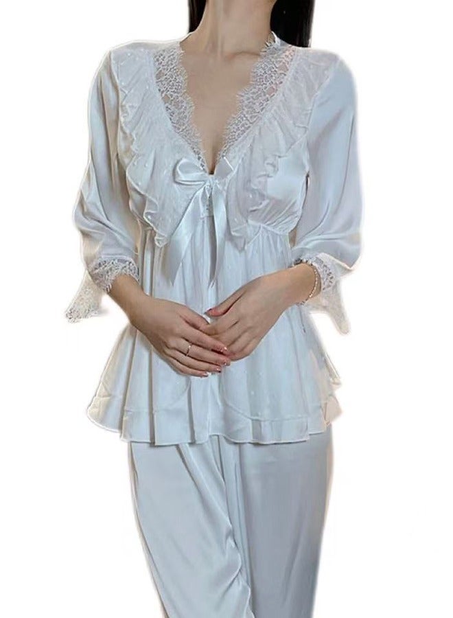 Elegant White Pajama Set: Satin And Lace For Ultimate Comfort - Image 1
