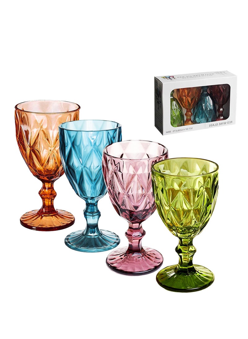 Vintage Wine Glasses Set of 4 Plastic Reusable 12 Ounce Colored Water Goblets Unique Embossed Pattern Unbreakable Stemmed Wine Glasses High Clear Wedding Party Bar Drinking Cups Multicolor - Image 1