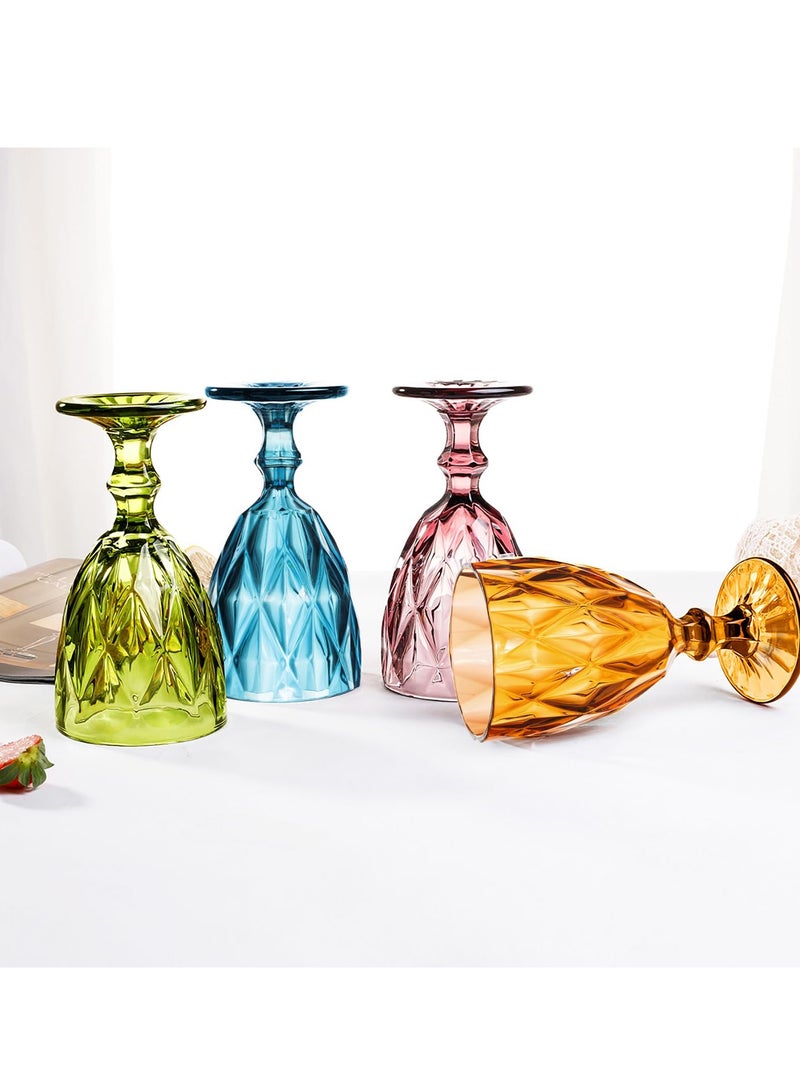 Vintage Wine Glasses Set of 4 Plastic Reusable 12 Ounce Colored Water Goblets Unique Embossed Pattern Unbreakable Stemmed Wine Glasses High Clear Wedding Party Bar Drinking Cups Multicolor - Image 2