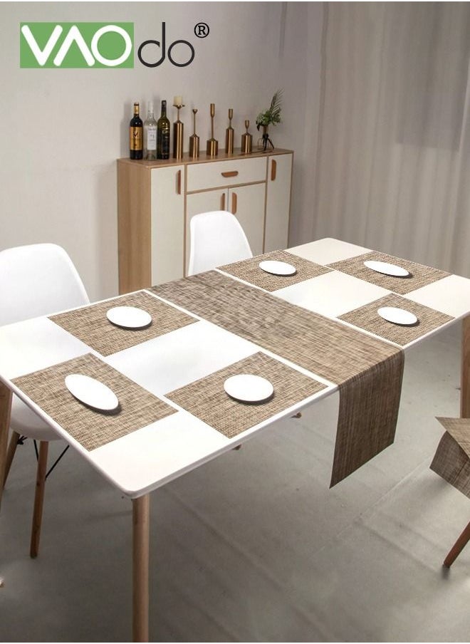 VAOdo 7PCS Placemats with Table Runner Set Woven Vinyl Table Mats and Runner for Dining Table Heat Resistant Brown  - Image 2