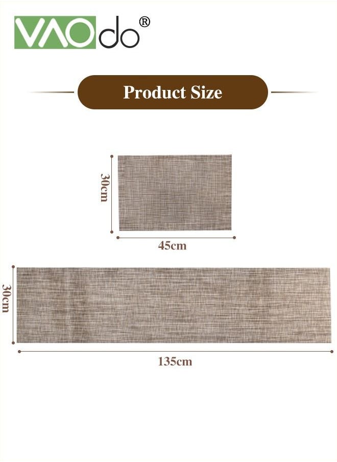 VAOdo - 7PCS Placemats with Table Runner Set Woven Vinyl Table Mats and Runner for Dining Table Heat Resistant Brown - Image 1