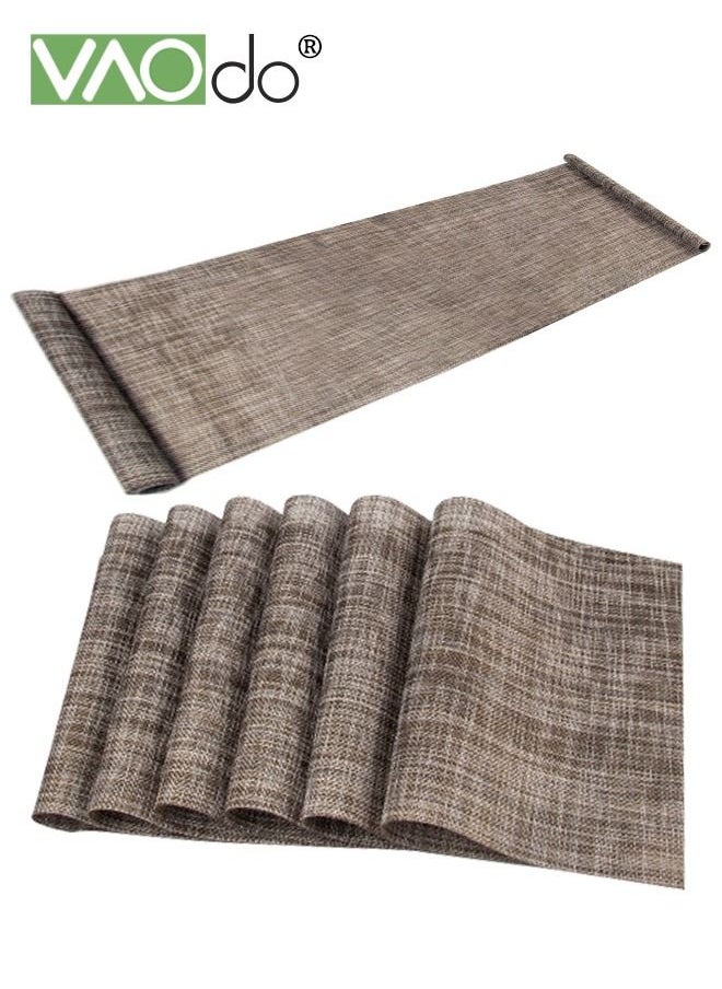 VAOdo 7PCS Placemats with Table Runner Set Woven Vinyl Table Mats and Runner for Dining Table Heat Resistant Brown  - Image 1