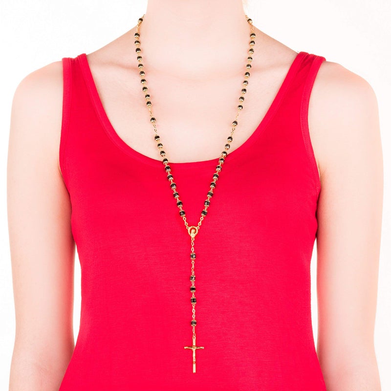 LIFETIME JEWELRY Gold Rosary Crucifix Necklace with Black Crystal Prayer Beads 24K Real Gold Plated - Image 3