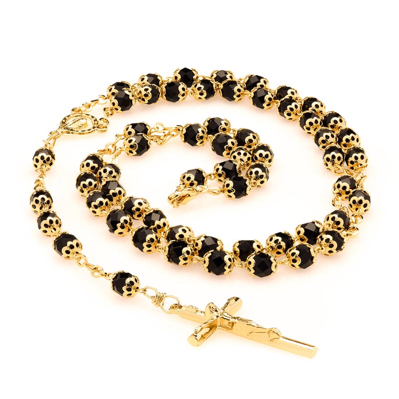 LIFETIME JEWELRY Gold Rosary Crucifix Necklace with Black Crystal Prayer Beads 24K Real Gold Plated - Image 1