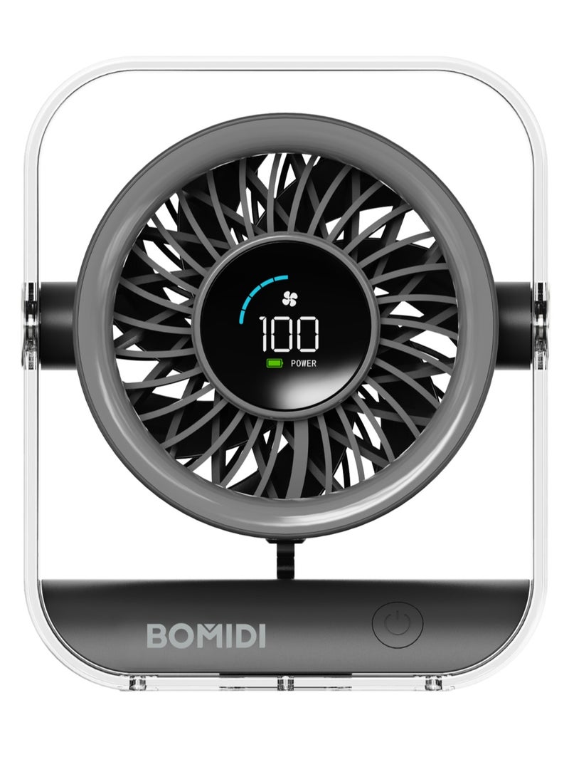 BOMIDI مروحة مكتبية محمولة بسبعة شفرات مع شاشة LED رقمية، بطارية قابلة للشحن بسعة 3000 مللي أمبير، محرك بدون فرش، زاوية قابلة للتعديل، شحن USB من نوع C – مروحة طاولة صغيرة للاستخدام في المنزل، المكتب، السفر والأنشطة الخارجية - Image 2