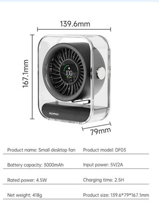 Portable 7-Blade Desktop Fan with LED Digital Display, 3000mAh Rechargeable Battery, Quiet Brushless Motor, Adjustable Angle, Type-C USB Charging – Mini Table Fan for Home, Office, Travel & Outdoor Use - view 4
