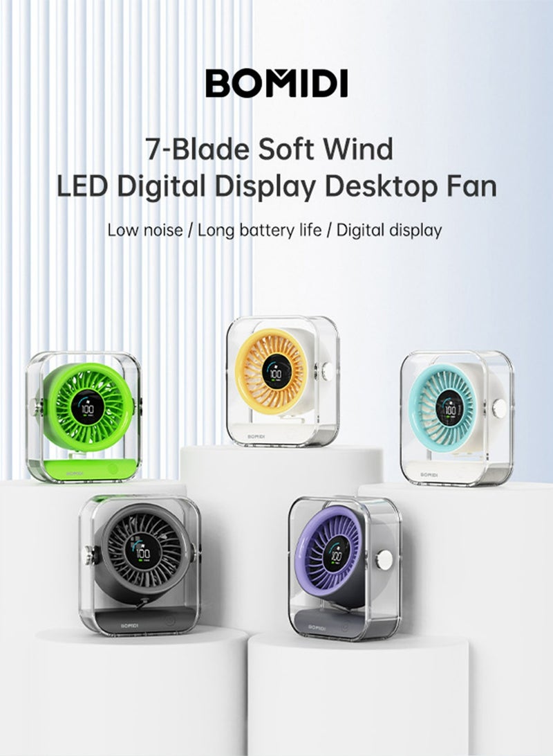 BOMIDI مروحة مكتبية محمولة بسبعة شفرات مع شاشة LED رقمية، بطارية قابلة للشحن بسعة 3000 مللي أمبير، محرك بدون فرش، زاوية قابلة للتعديل، شحن USB من نوع C – مروحة طاولة صغيرة للاستخدام في المنزل، المكتب، السفر والأنشطة الخارجية - Image 3