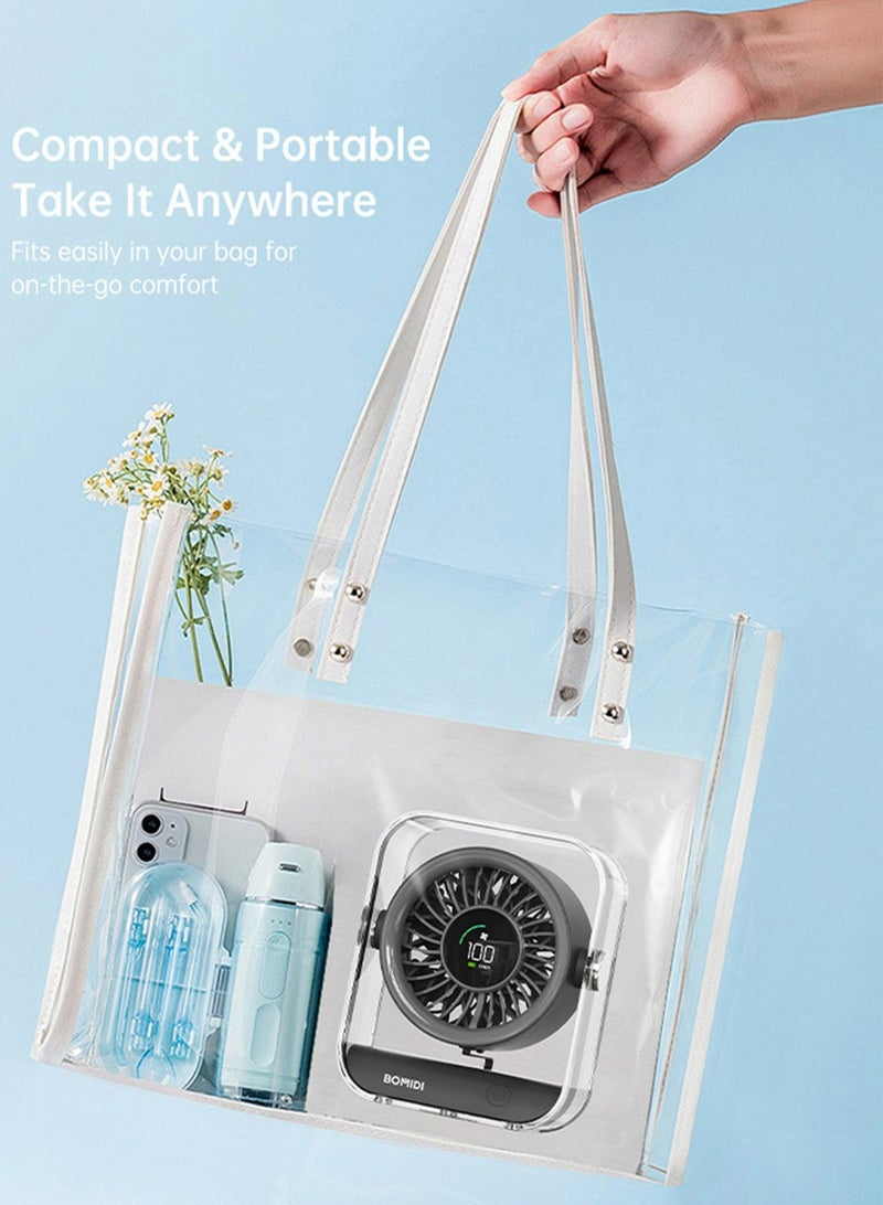 BOMIDI مروحة مكتبية محمولة بسبعة شفرات مع شاشة LED رقمية، بطارية قابلة للشحن بسعة 3000 مللي أمبير، محرك بدون فرش، زاوية قابلة للتعديل، شحن USB من نوع C – مروحة طاولة صغيرة للاستخدام في المنزل، المكتب، السفر والأنشطة الخارجية - Image 5